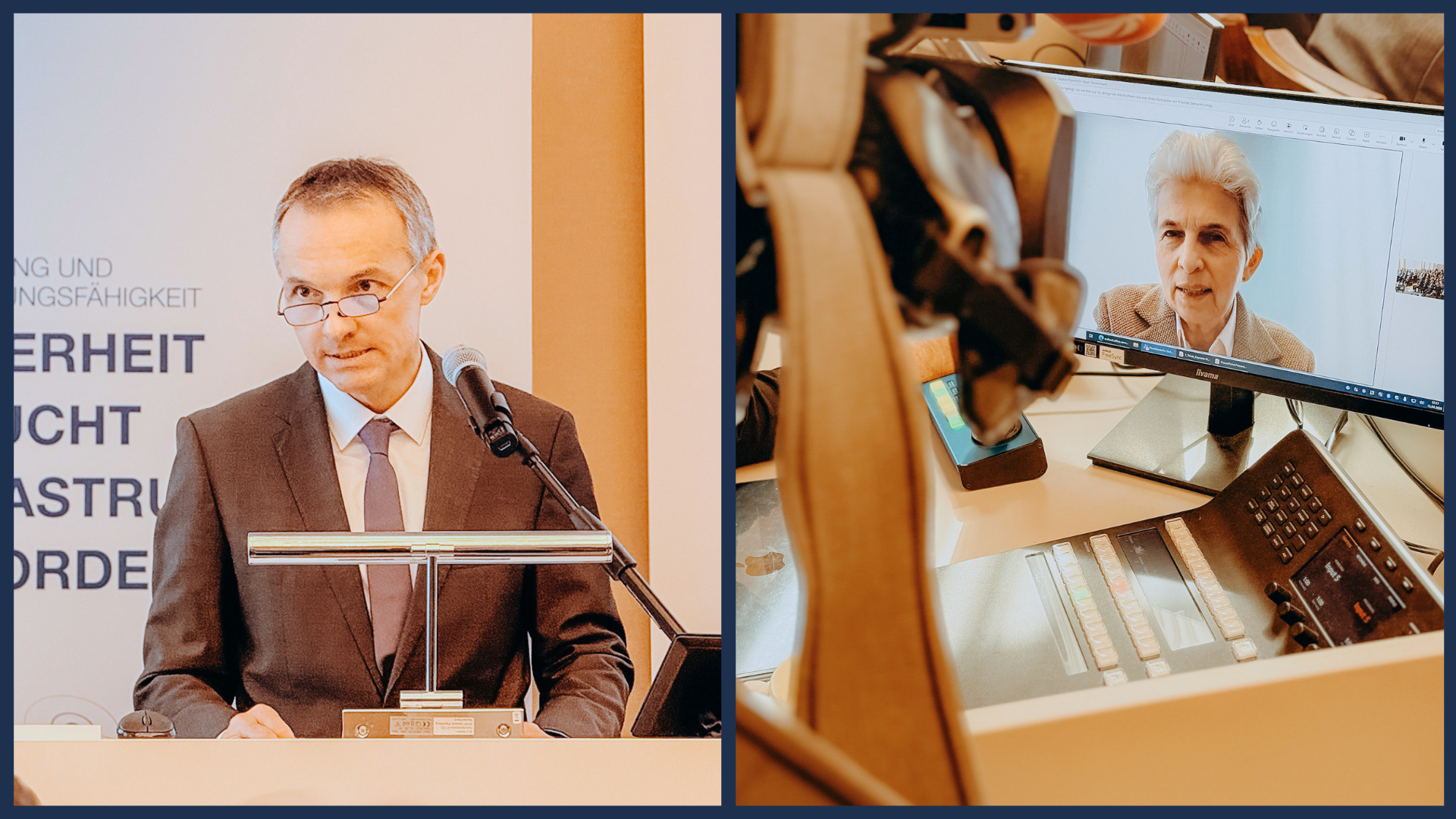 Sprechen auch auf der ersten Norddeutschen Sicherheitskonferenz: Christian Thiels, Abteilungsleiter im Bundesverteidigungsministerium und - zugeschaltet aus Brüssel - die FDP-Europaabgeordnete Marie-Agnes Strack-Zimmermann / Fotos: IHK Nord